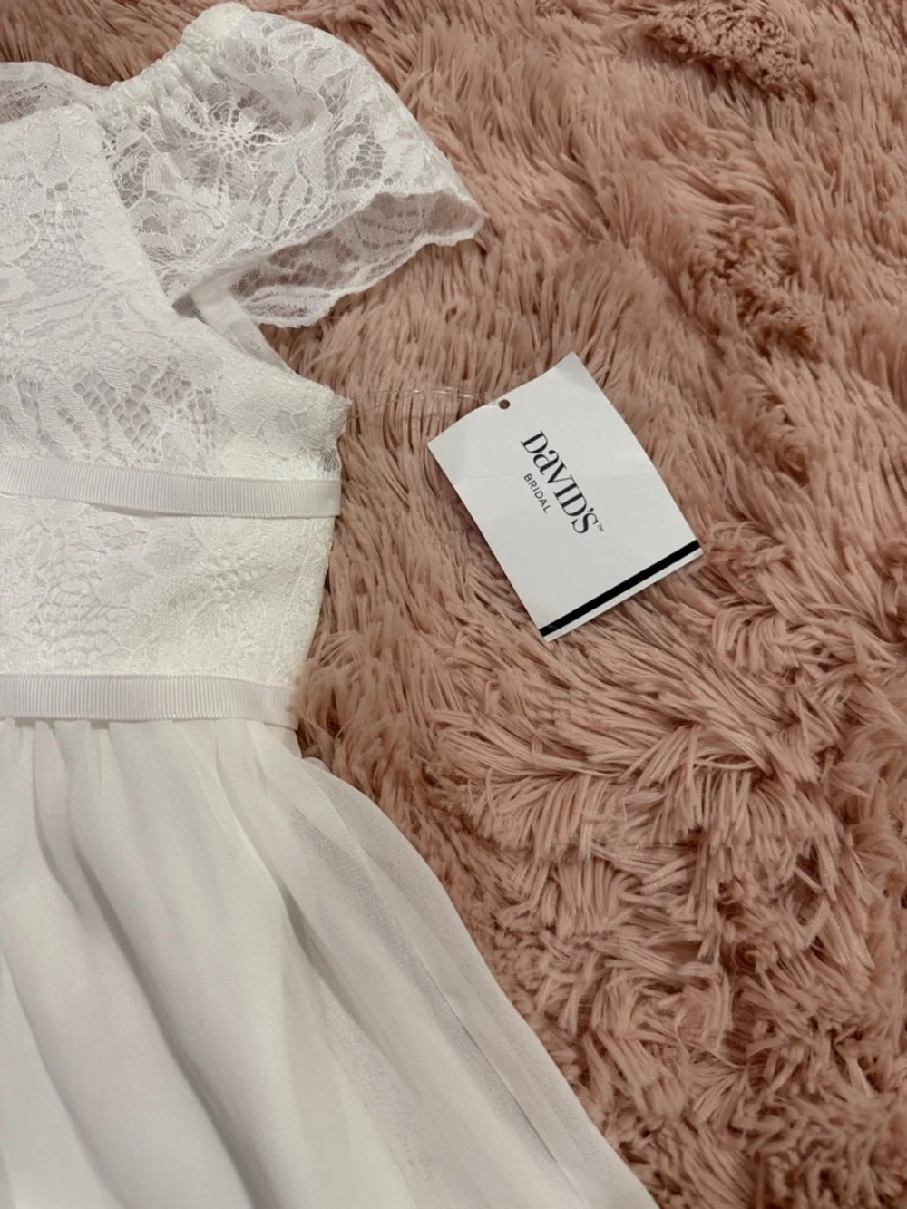 David's Bridal White Lace Bodice Chiffon Flower Girl Dress - Picture 2 of 4